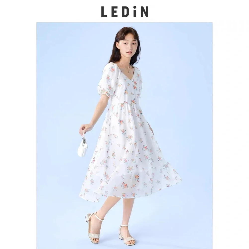 Korean Style Multi Soft Girl Flowers Print V-Neck Midi Dresses - Picture 2 of 4